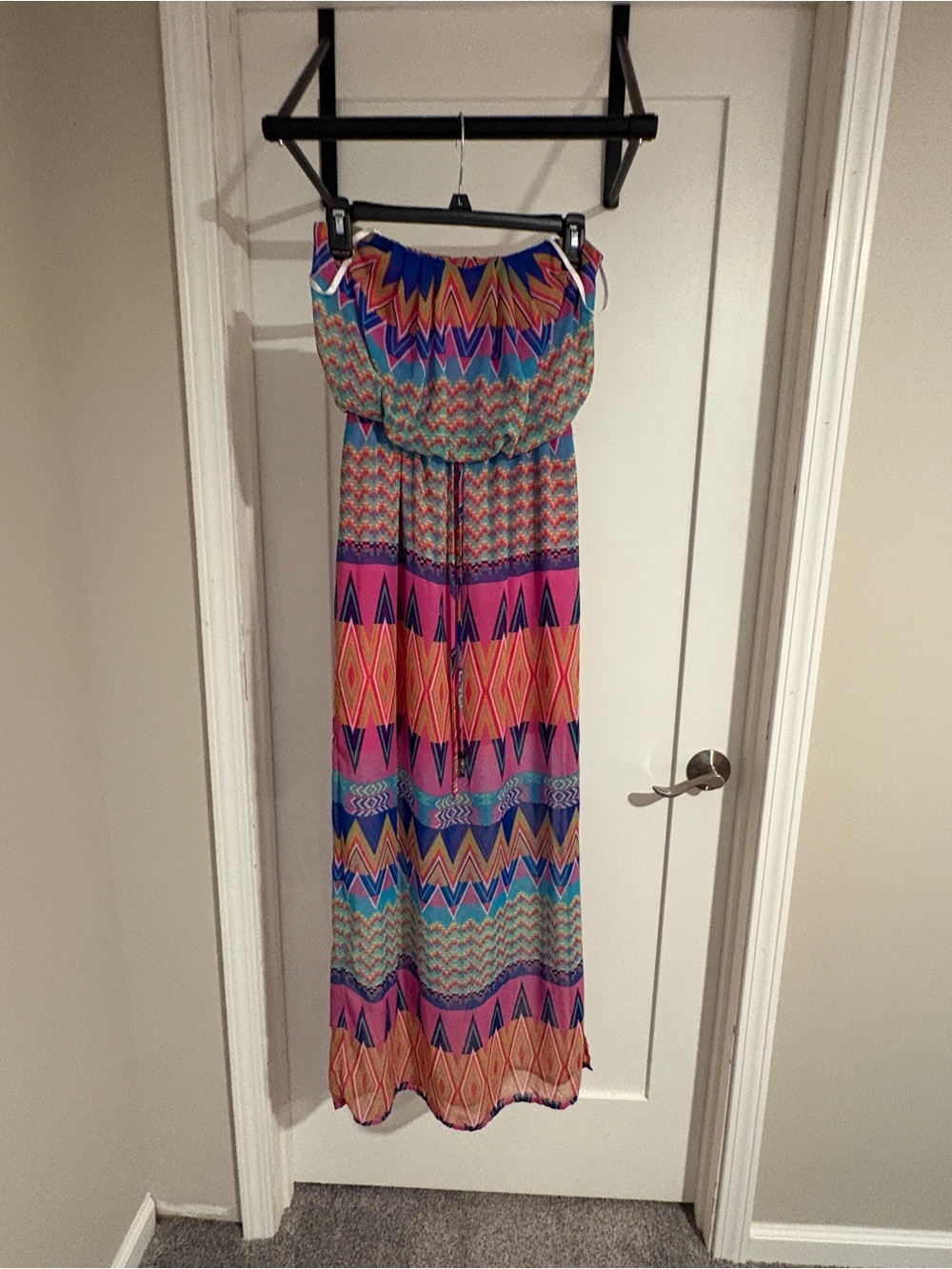 Colorful Aztec Print Strapless Maxi Dress - Pink, Orange & Blue
